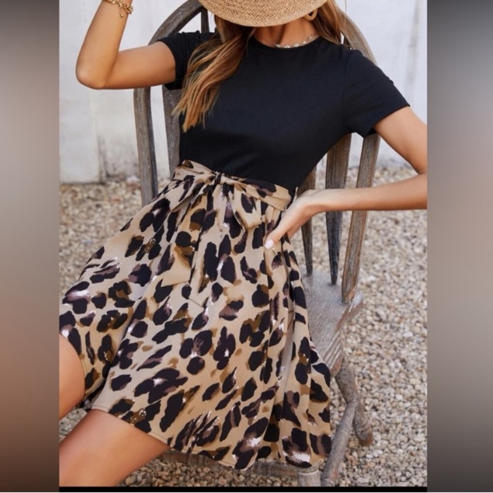 New- Black & Tan graphic Leopard print Belted mini Dress